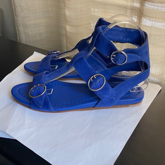 Prada blue suede leather sandals size 37 flats ankle strap mules slides slip ons - Picture 7 of 9